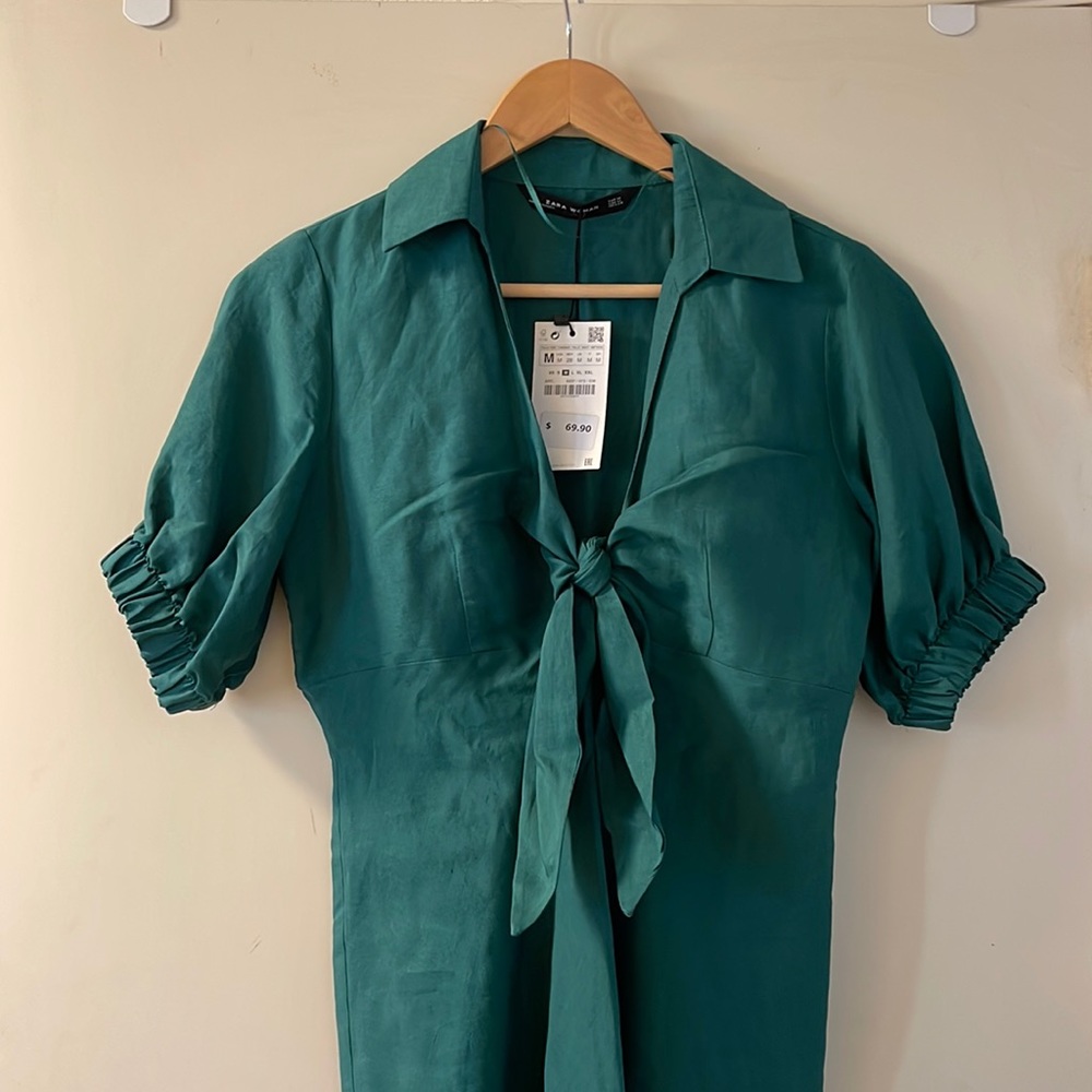 NWT Zara Green Linen Puff Sleeve Midi Dress Size M